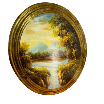 Vintage Waterfall  Landscape oil painting.