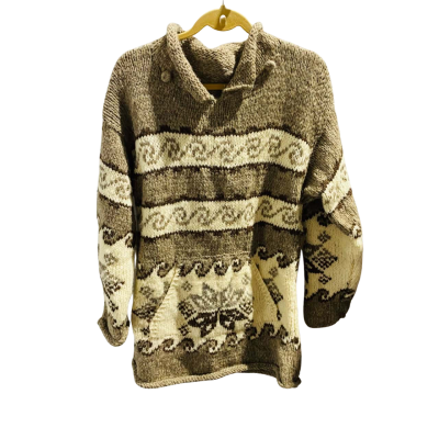 Hand Knitted Unisex Surfie Hippie Size 14 / 16 Longline Jumper with Detachable Hood  Brown / Off White 