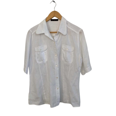 Perri Cutten Womens Linen Size 14 Button Up Top / Short Sleeve Top White 