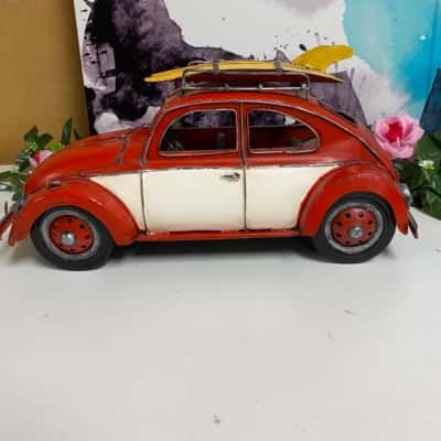 Vintage Metal VW Beetle Red (Surfs up)32cm x 14cm