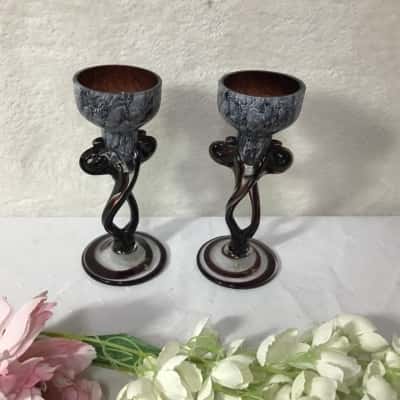 Decorative Danube Glass Brown / White Pattern Handmade Glass Candle Holders (x 2)