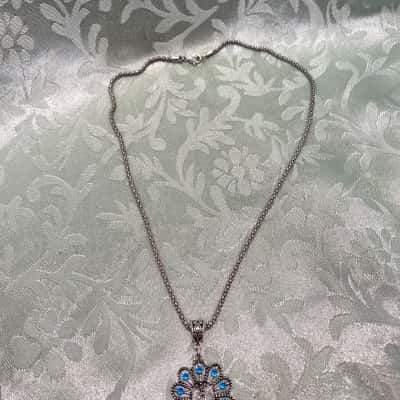 Silver Tone and Turquoise Peacock Necklace
