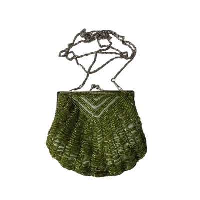 Bijoux Terner Womens Green Satin / Beaded Clip Closure Evening Purse with Chain Strap