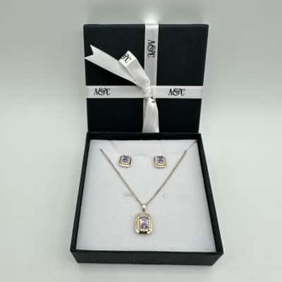 Angus & Coots Beautiful Purple With Clear Stone 925 Necklace & Earring set