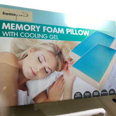 Memory Foam Pillow with Cooling Gel" by the brand Homeproud. This type of pillow is designed to provide support and comfort while incorporating a cooling gel layer to help regulate temperature during sleep.