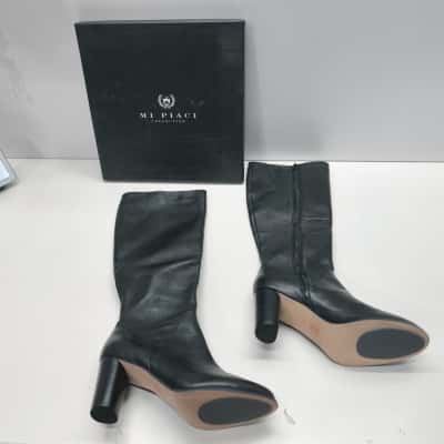 Mi Piaci Black Genuine Leather Heel Boots Size 40 US 9 Dress Boots Boxed