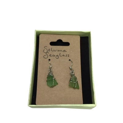 Soluma Seaglass Handmade Wire-wrapped Green Sea Glass Dangle Earrings In Gift Box