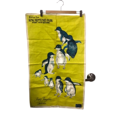 King Neptune’s Park Port Macquarie Fairy Penguins Hand Printed and Hand Painted Linen TeaTowel 