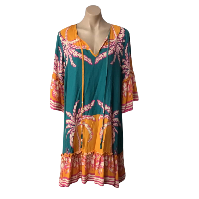 Salty Palm Womens Size 10 / S Teal / Orange / Cream / Pink Pattern 3/4 Sleeve Dress 