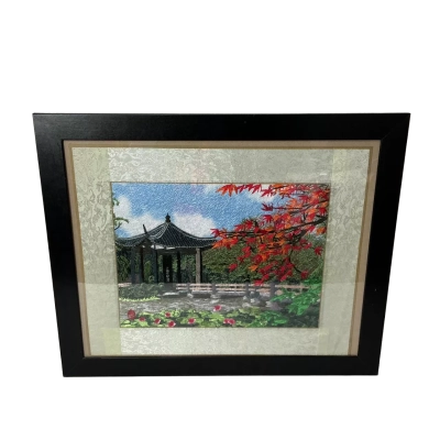 Silk Art Handmade Embroidery Japanese Landscape Picture in Black Frame (# 2)