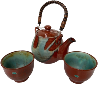 Japanese stoneware three-piece tea set as new