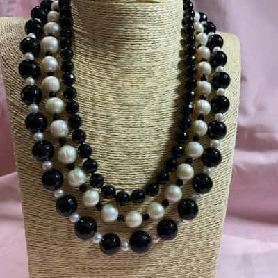 THREE STRANDED NECKLACE - ONE STRAND FRESHWATER PEARLS WITH BLACK AND WHITE BEADS