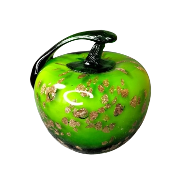  Vintage Murano Style Glass GREEN APPLE with yellow dots. Decorative Fruit 10cm. tall.