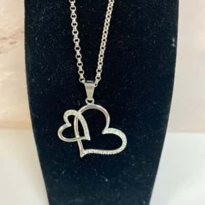Stamped 925 Double Heart Pendant Necklace 