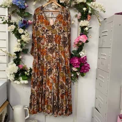  Womens  Size 16 Maxi Dress Brown / Floral / Green / Orange 