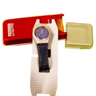 Swatch Irony Medium Quartz Watch – Denim Strap Edition – Swatch (Swiss Made)