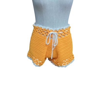  Hand Crafted Crocheted  Size S Shorts Orange with White Trim
