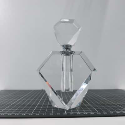 Vintage Faceted Geometric Clear Crystal Perfume Vanity Bottle with Large Stopper
