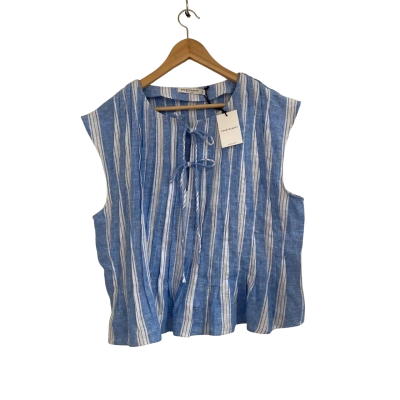Sportscraft Womens Linen Size 16 Short Sleeve Top Blue / Striped / White 