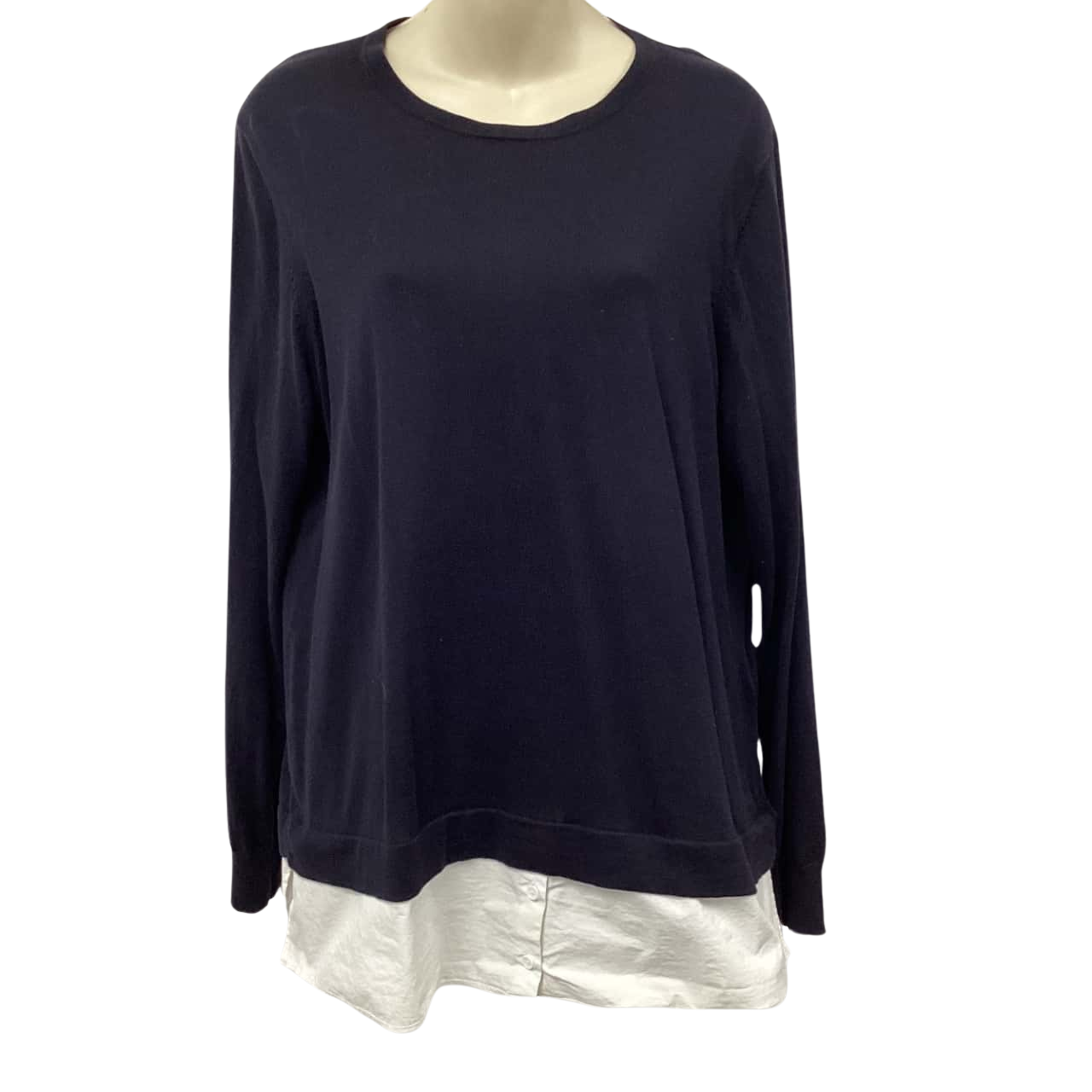 Hobbs Womens Size L Navy Blue knit top with shirt panel attached(s)