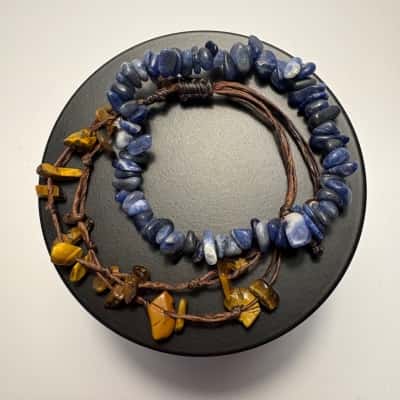 Tigers Eye/Blue Crystal Chip Friendship Bracelet Set of 2