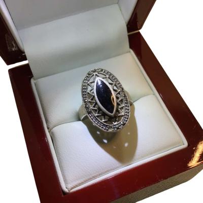  Womens S/Silver Marquisette Ring with black enamel centre