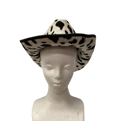 Cow print cowboy hat and spurs 