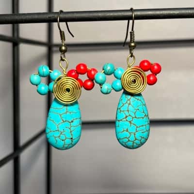 Women’s Turquoise And Red Coloured Stone With Wire Details 