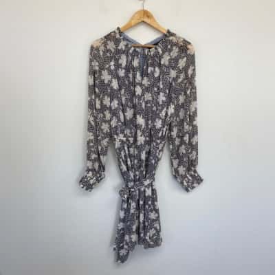 Basque Black White Floral Long SLeeve Mini Dress Size 16 