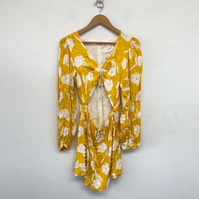 Sabo Skirt Yellow Floral Lista Long Sleeve Cut Out Mini Dress Size XS 