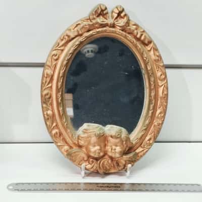 Vintage Ornate Gold Oval Mirror with Twin Cherubs and Ribbon Bow Detail – Baroque Revival
