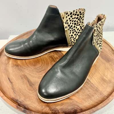 Rollie’s Black/ Animal Print Leather Ankle Boots Size 41