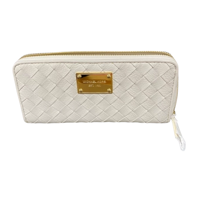 Michael Kors Womens Woven Leather Zip Around Large Wallet Ivory