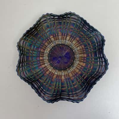 Antique Fenton Blue Carnival Glass Ribbon Pattern Bowl 