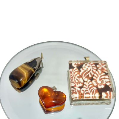 3 Pendants - 1x Vintage Tigers Eye 1x Amber Love Heart x 1 Glass Square Pendant