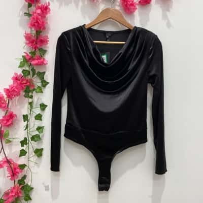 River Island Womens Velvet Long Sleeve Cowl Neck Bodysuit Size M Black  