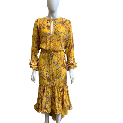BNWT Johanna Ortiz X H&M Women's Size XL Long Sleeve Maxi Dress Yellow Bird Pattern 