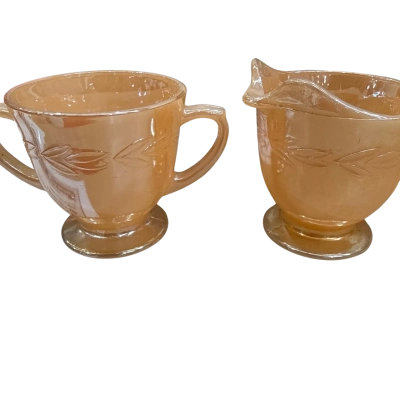 VTG Anchor Hocking Fire King Peach Luster Sugar Bowl & Creamer Set, Laurel Leaf