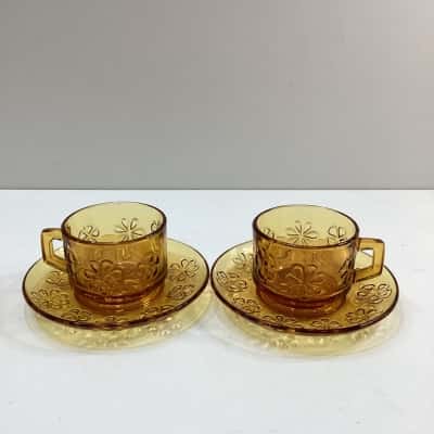 Vintage Amber And Saucer Set
