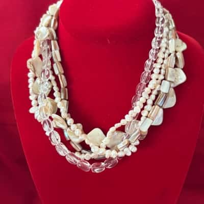 Women's Multi Strand Necklace featuring a Beige Natural Mother of Pearl Chips, Faux Pearls and Clear Beads