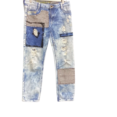  Desigual Denim Pants with Houndstooth Patches  Size 28 Blue 