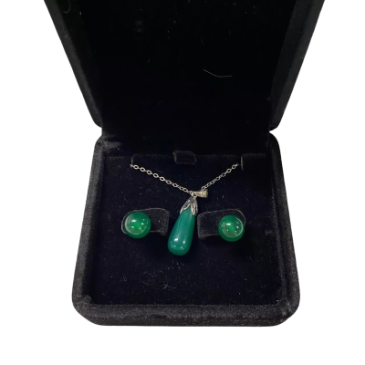 925 Chain with Green Stone Tear Drop Pendant + 925 Green Stone Ball Earrings