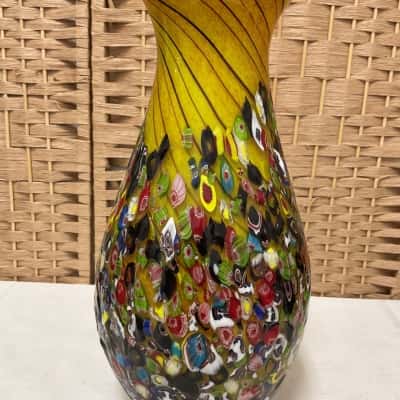 Stunning Vintage Art Glass Millefiori Flowers Vase Fused Cane Pieces Yellow Swirl Mother Gift Birthday Present Christmas Wedding 