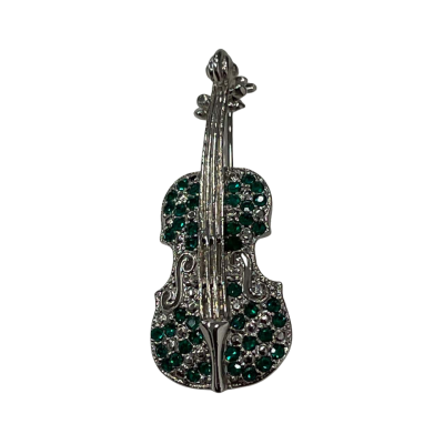  Guitar  Brooch With Green Stones 5Cm