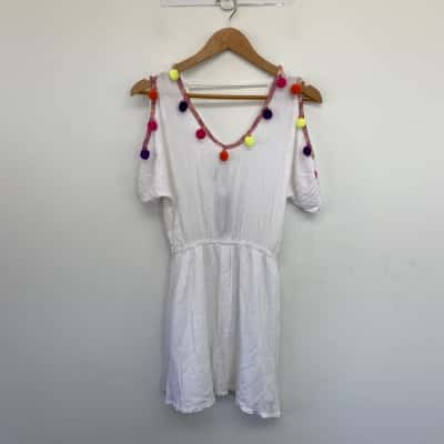 Crossroads White Calypso Short Sleeve Pom Pom Dress  Size 10 