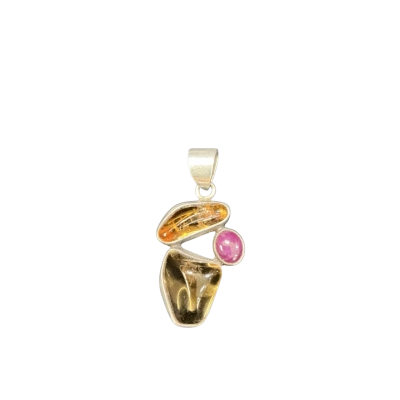 Sterling Silver Copal, Ruby and Smoky Quartz pendant