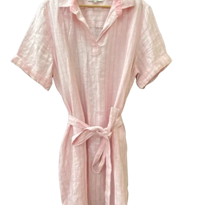 RB Sellars Size 16 Short Sleeve Linen Dress Pink With Stripes