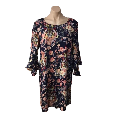 Miracle Womens Size 14 Navy Blue / Multicoloured Pattern 3/4 Sleeve Mini Dress (new)