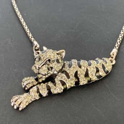 Vintage LaBelle Rhinestone & Enamel Tiger Pendant Necklace, with Original Box