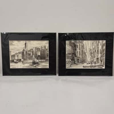 Pair of Monochrome Watercolour Cityscapes, Signed “Tik Ling” (unidentified artist)